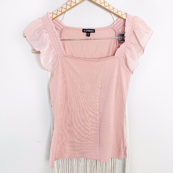 Express Tops - Express Blush Lace Ruffle Short Sleeve Blouse